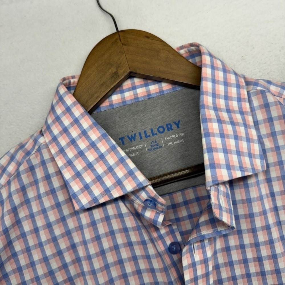 Twillory Dress Shirt Mens XL 17.5 34-35 Blue Pink Gingham Performance Preppy - Picture 1 of 8